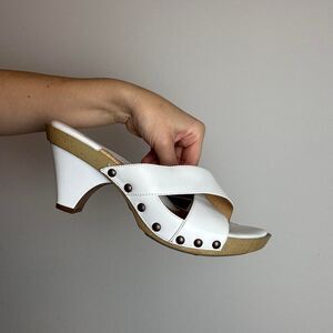Vintage Y2K 90s White Leather Wooden Clogs with stud details